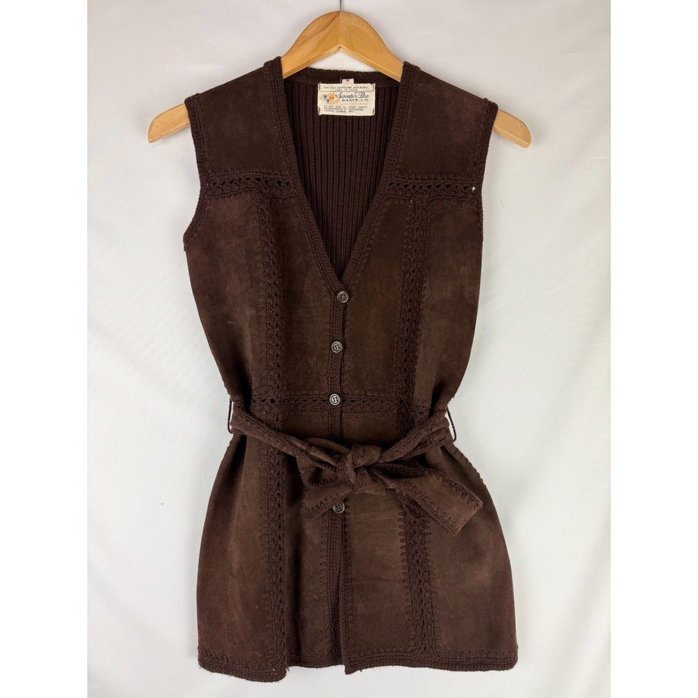 Vintage Retro Patchwork Sweater Bee Women's Suede Leather Belted Vest Brown M